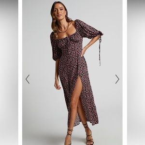 ROSARIO MIDI DRESS - RUCHED BUST PUFF SLEEVE DRESS IN BLACK FLORAL